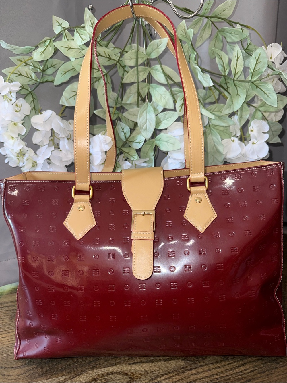 Arcadia Italy Burgundy Patent Leather Tote with Tan Trim